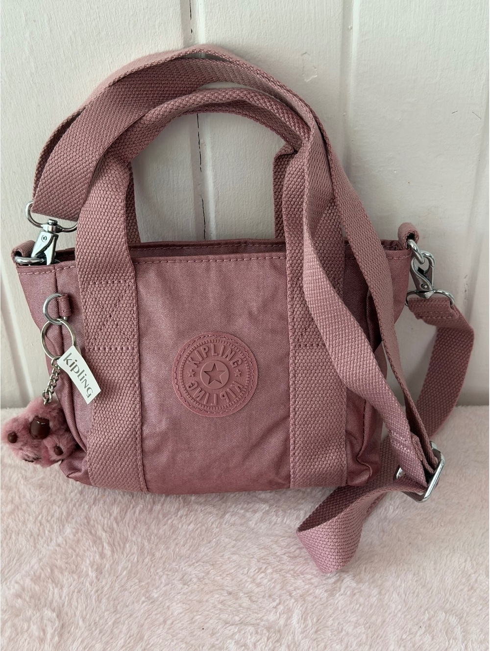 Kipling Small Dusty Rose Crossbody Bag with Adjustable Strap and Monkey Keychain